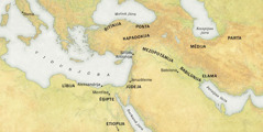 Karte, kurā redzams, no kurienes bija ieradušies tie, kas 33. gada Vasarsvētkos dzirdēja labo vēsti. 1. Reģioni: Lībija, Ēģipte, Etiopija, Bitīnija, Ponta, Kapadokija, Jūdeja, Mezopotāmija, Babilonija, Elama, Mēdija un Parta. 2. Pilsētas: Roma, Aleksandrija, Memfisa, Sīrijas Antiohija, Jeruzāleme un Babilona. 3. Ūdenstilpes: Vidusjūra, Melnā jūra, Sarkanā jūra, Kaspijas jūra un Persijas līcis.