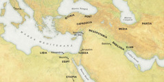 Hartă cu locurile de unde proveneau cei care au auzit vestea bună la Penticosta din 33 e.n. 1) Regiuni: Libia, Egipt, Etiopia, Bitinia, Pont, Capadocia, Iudeea, Mesopotamia, Babilonia, Elam, Media și Parția. 2) Orașe: Roma, Alexandria, Memfis, Antiohia (din Siria), Ierusalim și Babilon. 3) Mări: Marea Mediterană, Marea Neagră, Marea Roșie, Marea Caspică și Golful Persic.
