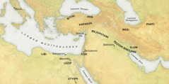 En map ki montre bann landrwa kot bann viziter ti sorti pour vin Zerizalenm ler zot ti tann sa bon nouvel pandan Lafet Lapannkot lannen 33. 1. Rezyon: Libi, Lezip, Etyopi, Bitini, Pon, Kapados, Zide, Mezopotami, Babilonn, Elam, Medi ek Parti. 2. Lavil: Ronm, Aleksandri, Menmfis, Antyos (Siri), Zerizalenm ek Babilonn. 3. Lanmer: Lanmer Mediterannen, Lanmer Nwanr, Lanmer Rouz, Lanmer Kaspyann ek Lanmer Golf