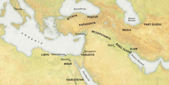 MS 33 yılının Pentekost’unda iyi haberi duyanların geldiği yerleri gösteren harita. 1. Bölgeler: Libya, Mısır, Habeşistan, Bitinya, Pontus, Kapadokya, Yahudiye, Mezopotamya, Babil Ülkesi, Elam, Media ve Part Ülkesi. 2. Şehirler: Roma, İskenderiye, Memfis, Antakya, Yeruşalim ve Babil. 3. Denizler: Akdeniz, Karadeniz, Kızıldeniz, Hazar Denizi ve Basra Körfezi.