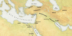 Akgtum mapa nema masiya niku xminkgonitancha latamanin tiku kgaxmatkgolh xatlan tamakatsinin kPentecostés kata 33. 1. Regiones: Libia, Egipto, Etiopía, Bitinia, Ponto, Capadocia, Judea, Mesopotamia, Babilonia, Elam, Media chu Partia. 2. Kachikinin: Roma, Alejandría, Menfis, Antioquía (de Siria), Jerusalén chu Babilonia. 3. Niku anan lhuwa chuchut: mar Mediterráneo, mar Negro, mar Rojo, mar Caspio chu golfo Pérsico.