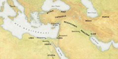 Un mapa mostra d’on venien els qui escoltaren les bones notícies en el Pentecostés de l’any 33. 1. Regions: Líbia, Egipte, Etiòpia, Bitínia, Pont, Capadòcia, Judea, Mesopotàmia, Babilònia, Elam, Mèdia i Pàrtia. 2. Ciutats: Roma, Alexandria, Memfis, Antioquia (de Síria), Jerusalem i Babilònia. 3. Masses d’aigua: mar Mediterrani, mar Negre, mar Roig, mar Caspi i golf Pèrsic.