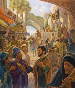 Los discípulos de Jesús predicándoles a los judíos y los prosélitos en una calle llena de gente.