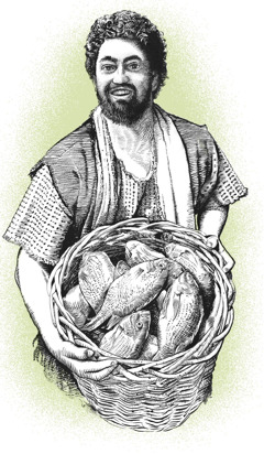 The apostle Peter carrying a basket of fish.