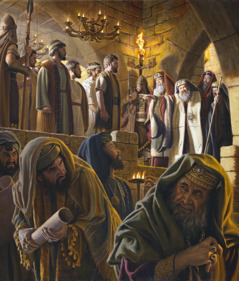 Caiaphas furiously accusing the apostles as other members of the Sanhedrin observe.