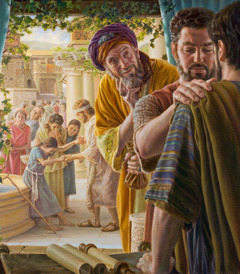 The former magician Simon approaching an apostle with a money pouch. The apostle is laying his hands on the shoulders of a Christian man. In the background, another Christian man is healing a lame young girl, to the delight of onlookers.
