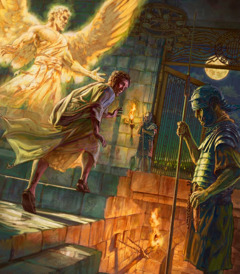 Peter following an angel past the sentinel guards to an iron gate leading into the city.
