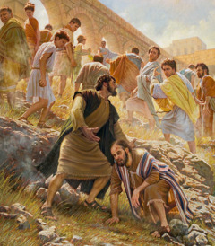 Un grupo de gente furiosa echando a Pablo y a Bernabé de Antioquía de Pisidia.