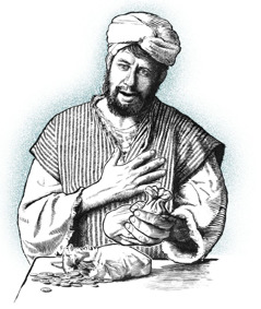 Barnabas giving two bags of coins as a contribution.