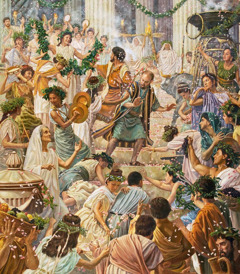 Paul and Barnabas resisting adulation from the crowd in Lystra. The crowd is playing music, preparing sacrifices, and bowing before the two men.
