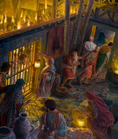 Paul and Silas seeking refuge in a gated courtyard to escape an angry mob. A man speaks to the mob through the gate.