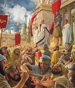 Gallio dismissing Paul’s case before Paul’s enraged accusers. Roman soldiers try to control the crowd of angry men.