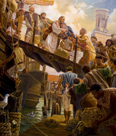Paul and his companions boarding a ship. The elders from Ephesus warmly embrace Paul and weep.