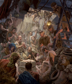 Paul praying in the crowded hold of a cargo ship. Some weary passengers bow their heads while others observe. Flatbread sits on some crates.