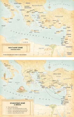 Mapy: 1. Mapa současných zemí a starověkých měst. 2. Mapa současných zemí, starověkých měst a cest, které Pavel podnikl na svých třech misionářských výpravách, včetně jeho cesty do Říma