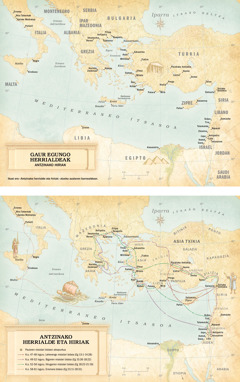 Mapak: 1. Gaur egungo herrialdeen eta antzinako hirien mapa. 2. Antzinako herrialde eta hirien mapa. Paulok egin zituen hiru misiolari bidaietan eta Erromara bidaian egindako ibilbideak ere ikusten dira.