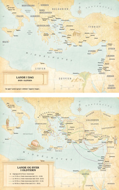 Kort: 1. Et kort over lande i dag og byer i oldtiden. 2. Et kort over lande og byer i oldtiden med ruterne for Paulus’ tre missionsrejser og hans rejse til Rom.