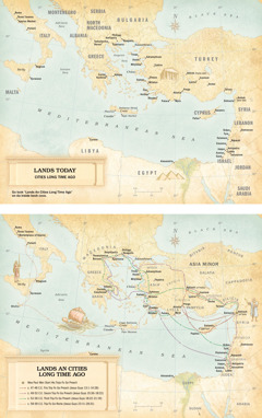 Maps: 1. One map of da lands today an da cities long time ago. 2. One map of da lands an cities long time ago , wit da diffren roads Paul wen use fo da three trips he wen take fo go preach an wen he had go Rome.