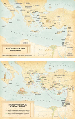 Mapy: 1. Mapa współczesnych krajów i starożytnych miast. 2. Mapa starożytnych krajów i miast z zaznaczonymi trasami trzech podróży misjonarskich Pawła oraz trasą jego podróży do Rzymu.