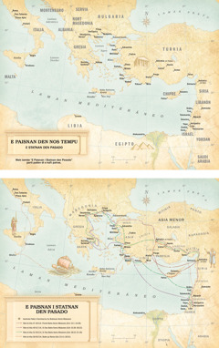 Mapa: 1. Un mapa di e paisnan den nos tempu i e statnan den pasado. 2. Un mapa di e paisnan i statnan den pasado, i e diferente rutanan ku Pablo a tuma pa su tres biahenan komo misionero i su biahe pa Roma.