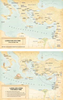 Maps: 1. Map wey de show lands for our time and cities for Bible time. 2. Map wey de show lands and cities for Bible time, with different places wey Paul pass go im three missionary journey and im travel to Rome.