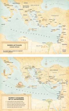 Mapas: 1. Mapa de países actuales y ciudades antiguas. 2. Mapa de países y ciudades de la antigüedad con todas las rutas de los viajes misioneros de Pablo y de su viaje a Roma.