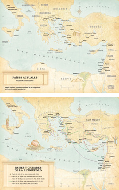 Mapas: 1. Mapa de países actuales y ciudades antiguas. 2. Mapa de países y ciudades de la antigüedad con todas las rutas de los viajes misioneros de Pablo y de su viaje a Roma.