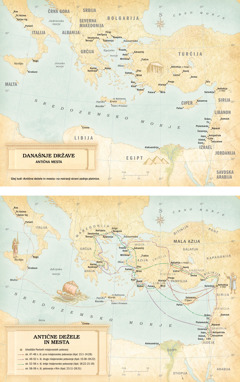 Zemljevida: 1. Zemljevid današnjih držav in antičnih mest. 2. Zemljevid antičnih dežel in mest ter prikaz poti Pavlovih treh misijonarskih potovanj in njegovega potovanja v Rim.
