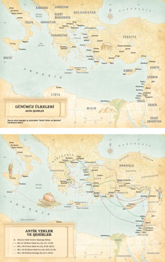 Haritalar: 1. Günümüz ülkelerini ve antik şehirleri gösteren harita. 2. Antik yerleri ve şehirleri gösteren harita. Haritada ayrıca Pavlus’un üç vaizlik turunda kullandığı yollar ve Roma yolculuğu da gösteriliyor.