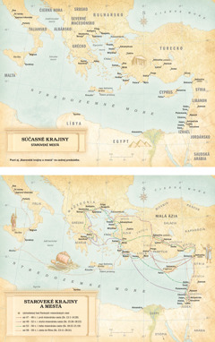 Mapy: 1. Mapa súčasných krajín a starovekých miest. 2. Mapa starovekých krajín a miest, ktorá ukazuje, kadiaľ putoval Pavol na svojich troch misionárskych cestách a cestou do Ríma.