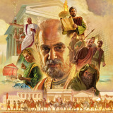 Collage: Characters and locations from the book of Acts. 1. The apostle Paul. 2. Tabitha sews a garment. 3. A Roman merchant ship. 4. Gallio speaks forcefully. He stands next to a Roman soldier. 5. An imposing building from the first century. 6. Luke reads from a scroll in front of a tall lampstand. 7. Some of the apostles are escorted by a temple officer. 8. A Sadducee. 9. Roman soldiers on foot and horseback escort Paul through a city.