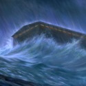 The ark floats as the floodwaters rise and the rain falls