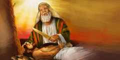 ابراهیم کارد ذبح را در دست دارد و اسحاق بر روی مذبح دراز کشیده است