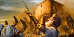 Jozue vydává válečný pokřik a kněží troubí na beraní rohy