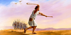 David die gewapend is met een slinger terwijl Sauls leger toekijkt
