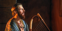David synger og spiller på harpe