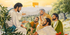 Jesus taler med nogle af sine apostle på Oliebjerget