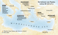 Kaart met locaties waar Paulus brieven schreef