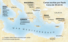 Mapa com os lugares onde Paulo escreveu suas cartas