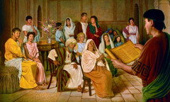 Чланови једне ране хришћанске скупштине слушају док им се чита писмо апостола Павла