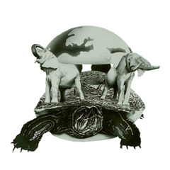 A turtle holds four elephants as they hold the earth