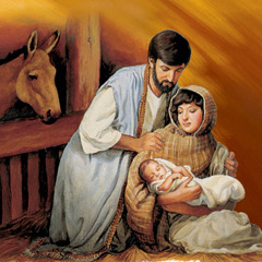 Baby Jesus in a stable with Mary and Joseph