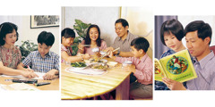 A mother helps her son with homework; a family enjoys a meal together; a father reads to his daughter