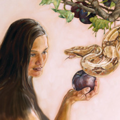 Eva olhando a fruta que Satanás falou para ela comer