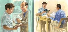 အမျိုးသားတစ်ယောက်ကို ယေဟောဝါသက်သေတစ်ယောက် ကျမ်းစာ ဖတ်ပြနေစဉ်၊ သူနဲ့ ကျမ်းစာ လေ့လာနေစဉ်