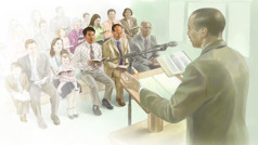 여호와의 증인 왕국회관에서 집회를 갖는 모습