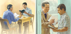 یہوواہ کا ایک گواہ ایک آدمی کو پاک کلام سے آیت پڑھ کر سنا رہا ہے۔‏ پھر وہ اُس آدمی کو بائبل کورس کرا رہا ہے۔‏