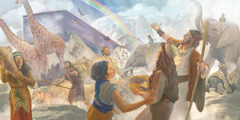 نوح نبی،‏ اُن کے گھر والے اور جانور کشتی سے باہر نکل رہے ہیں اور آسمان پر دھنک نظر آ رہی ہے۔‏