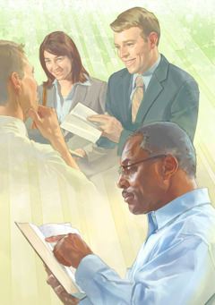 شهود يهوه يخبرون رجلا ببشارة الكتاب المقدس؛‏ رجل يقرأ الكتاب المقدس