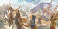 Noah, his family, and the animals come out of the ark and a rainbow appears in the sky